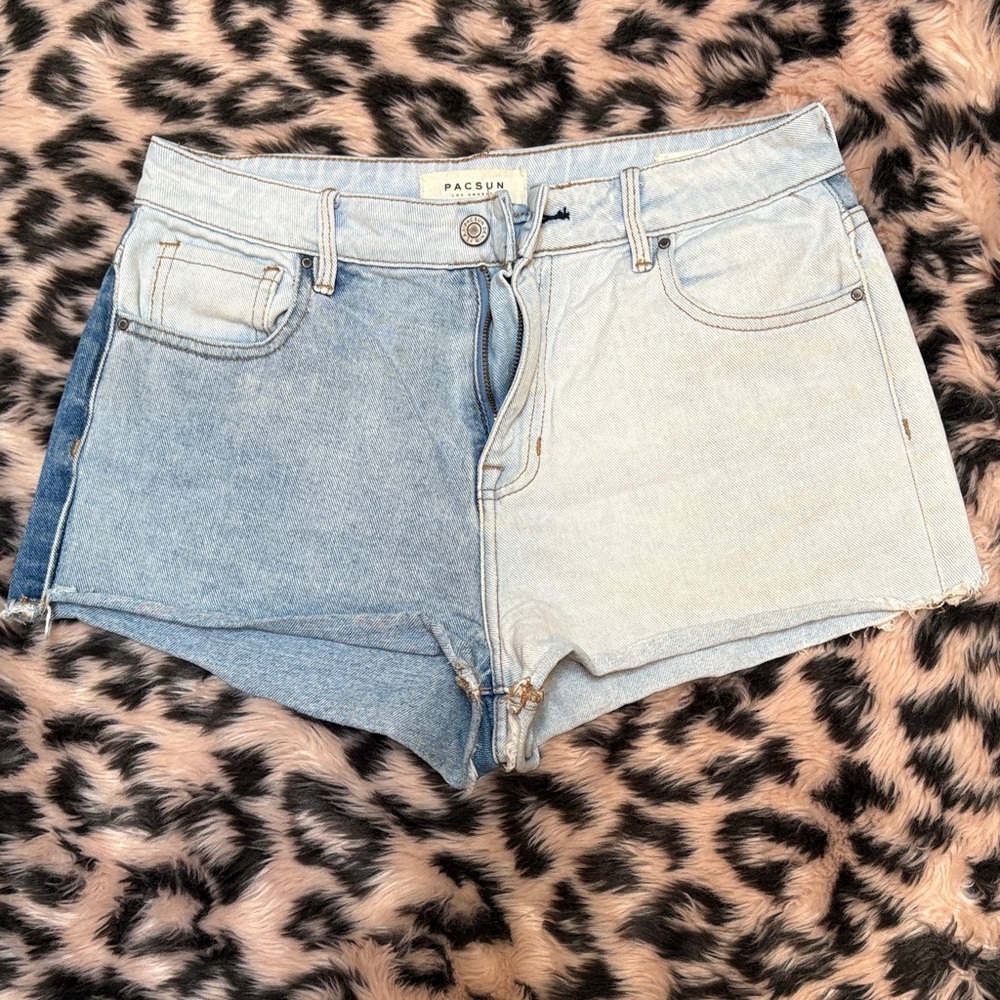 PacSun Women's Light and Medium Blue High Rise Short Two-tone Jean Shorts